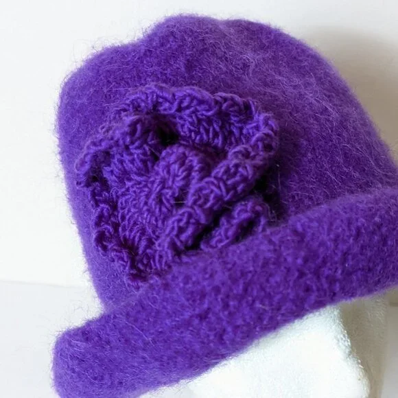 Handmade Boho Bucket Hat Knit Flower Curled Brim Purple Retro‎ Old Timey Vintage - Picture 6 of 7